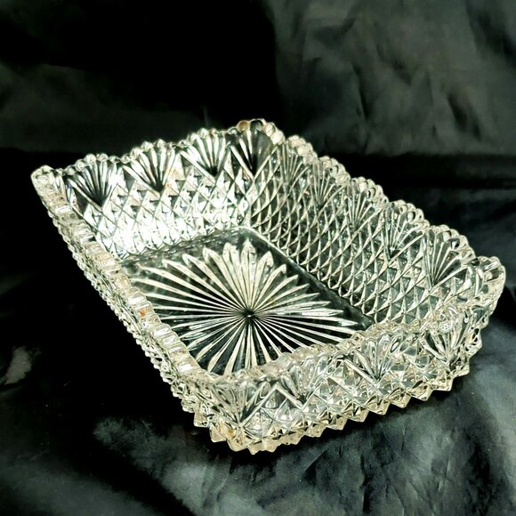 Vintage Cut Glass Strawberry Diamond Fan Pattern Rectangular Serving Dish - Picture 2 of 5